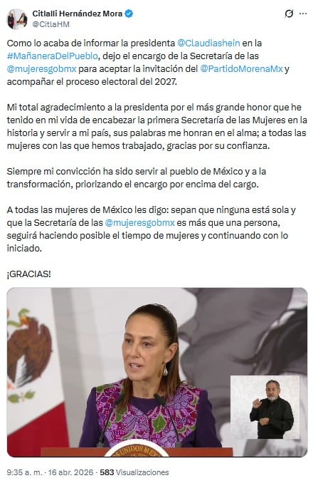 Citlalli Hernández confirma renuncia a la Secretaría de las Mujeres