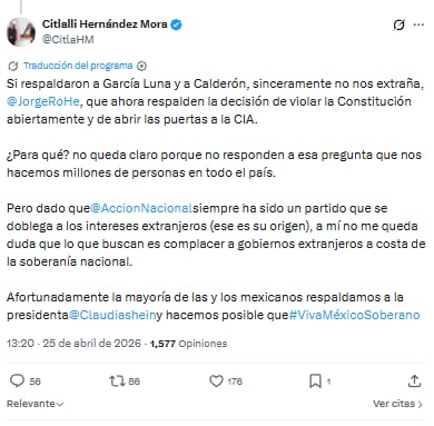 Citlalli Hernández critica a Jorge Romero