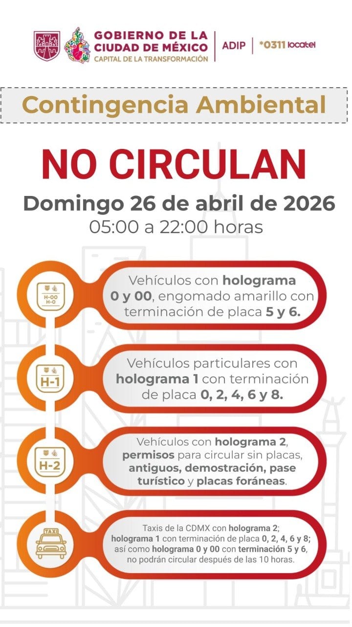 Hoy no Circula domingo 26 de abril por contingencia ambiental en CDMX