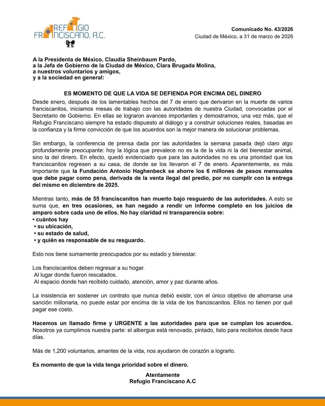 Comunicado de Refugio Franciscano sobre el gobierno de la CDMX.