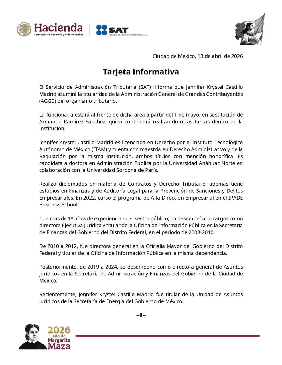 SAT designa a Jennifer Krystel Castillo como titular de AGGC