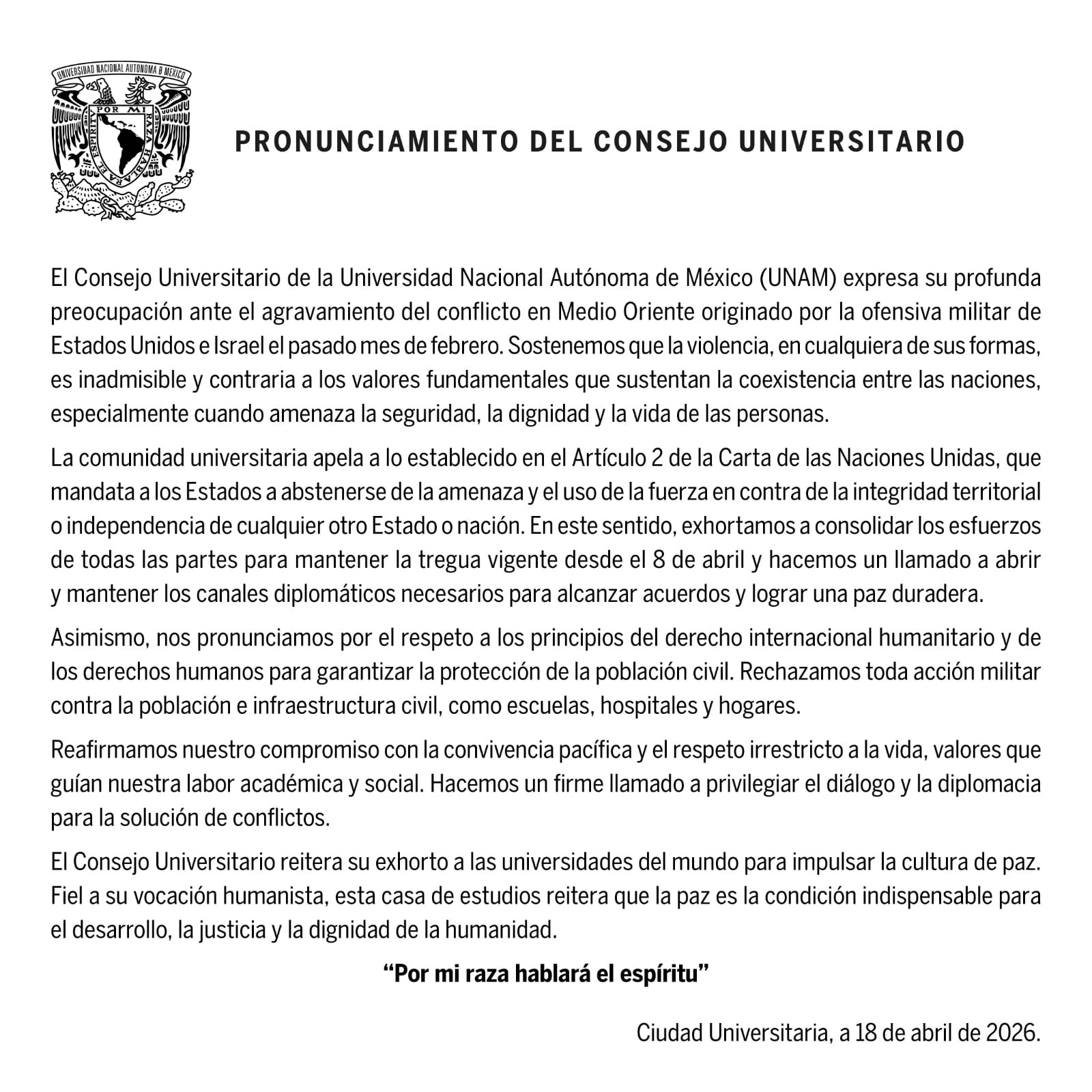 a44ssmhurjdqdmroog2no2lnnu UNAM se posiciona sobre conflicto en Medio Oriente y llama a evitar la violencia