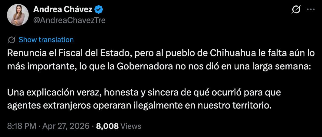 Andrea Chávez exige honestidad a César Jáuregui tras dejar la Fiscalía de Chihuahua