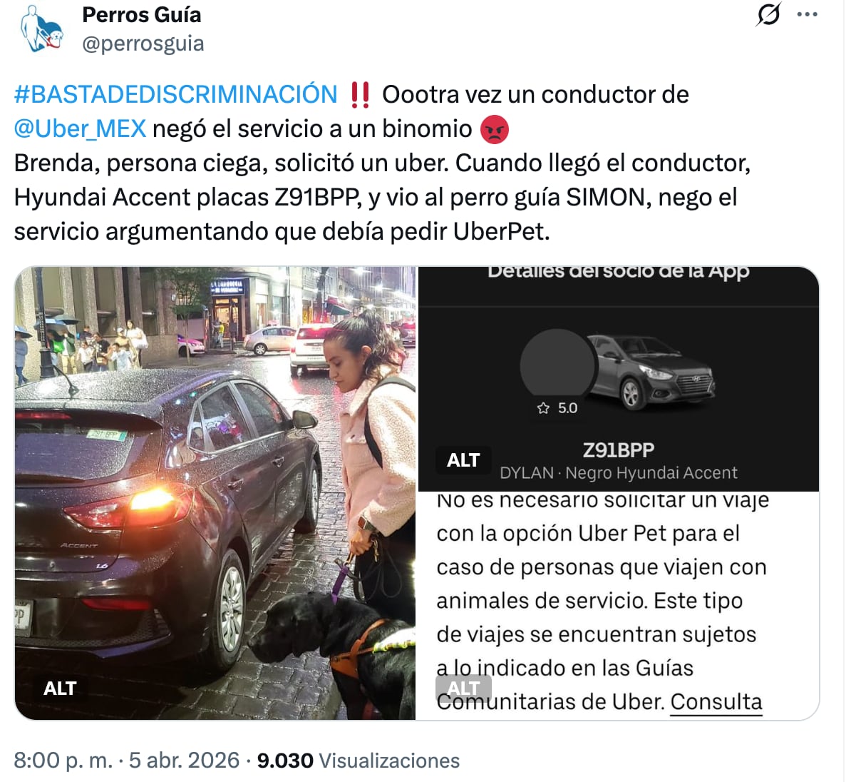 Reportan discriminación de Uber a usuaria con perro guía
