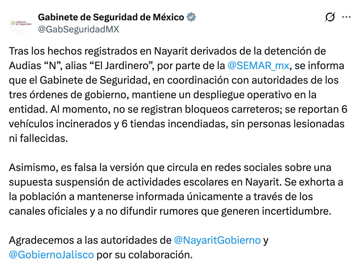 Gabinete de Seguridad responde a violencia en Nayarit tras captura de “El Jardinero”