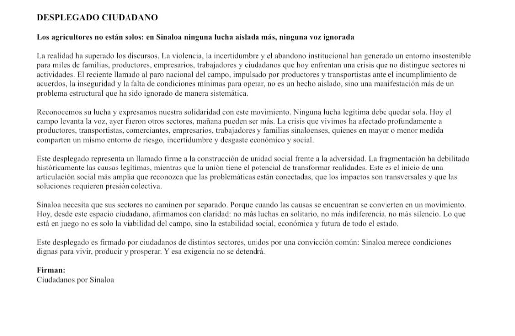 Ciudadanos por Sinaloa respaldan el paro nacional de agricultores y transportistas