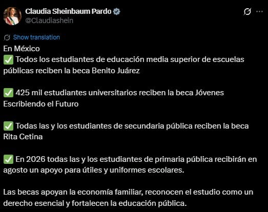 Claudia Sheinbaum informa sobre becas a estudiantes en Viernes Santo