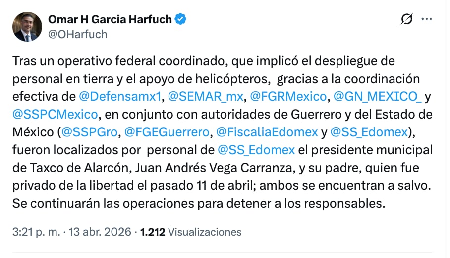 ltor73uq4rau7ffnbx6ehzltle Localizan a Juan Andrés Vega Carranza y a su padre; Harfuch lo confirma