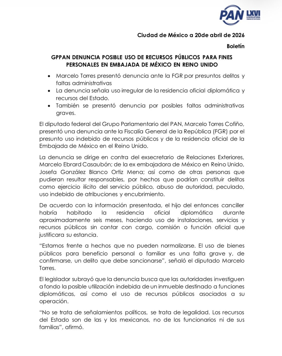 PAN acusa irregularidades en Embajada de México en Reino Unido cuando Ebrard era canciller