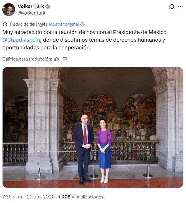 Volker Türk agradece encuentro con Sheinbaum en Palacio Nacional