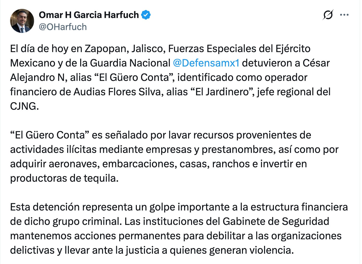 Omar García Harfuch confirma detención de "El Güero Conta"