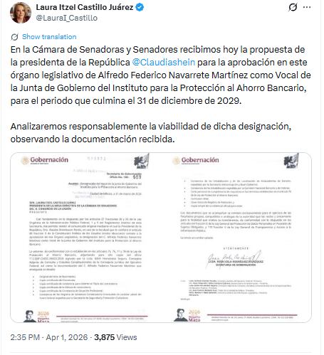 Senado recibe propuesta de Sheinbaum para nuevo vocal del IPAB