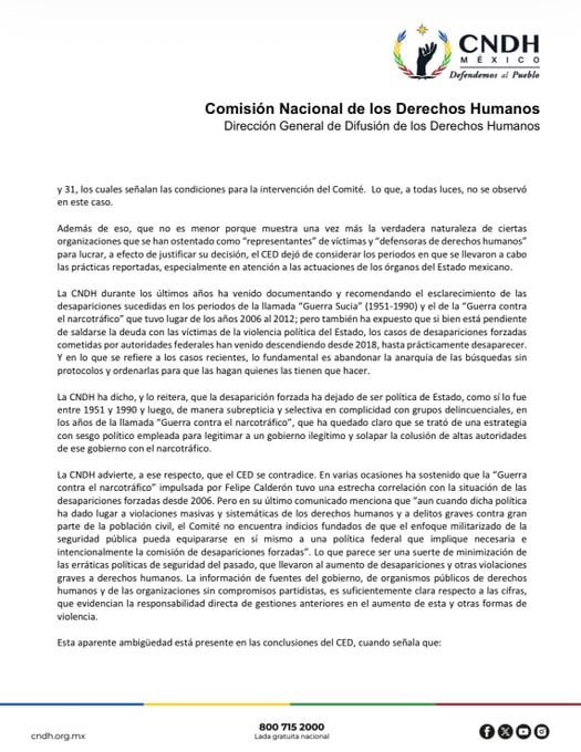CNDH responde a la ONU: “desaparición forzada ya no es política de Estado”