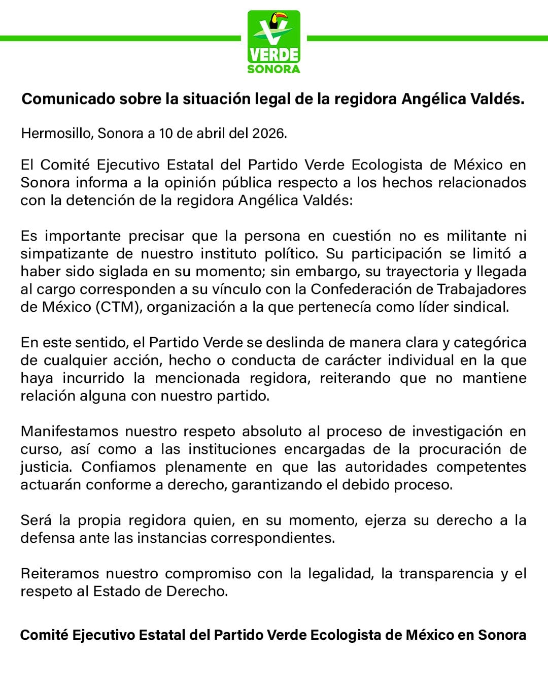 Partido Verde se deslinda de Angélica Valdez tras su arresto en Sonora