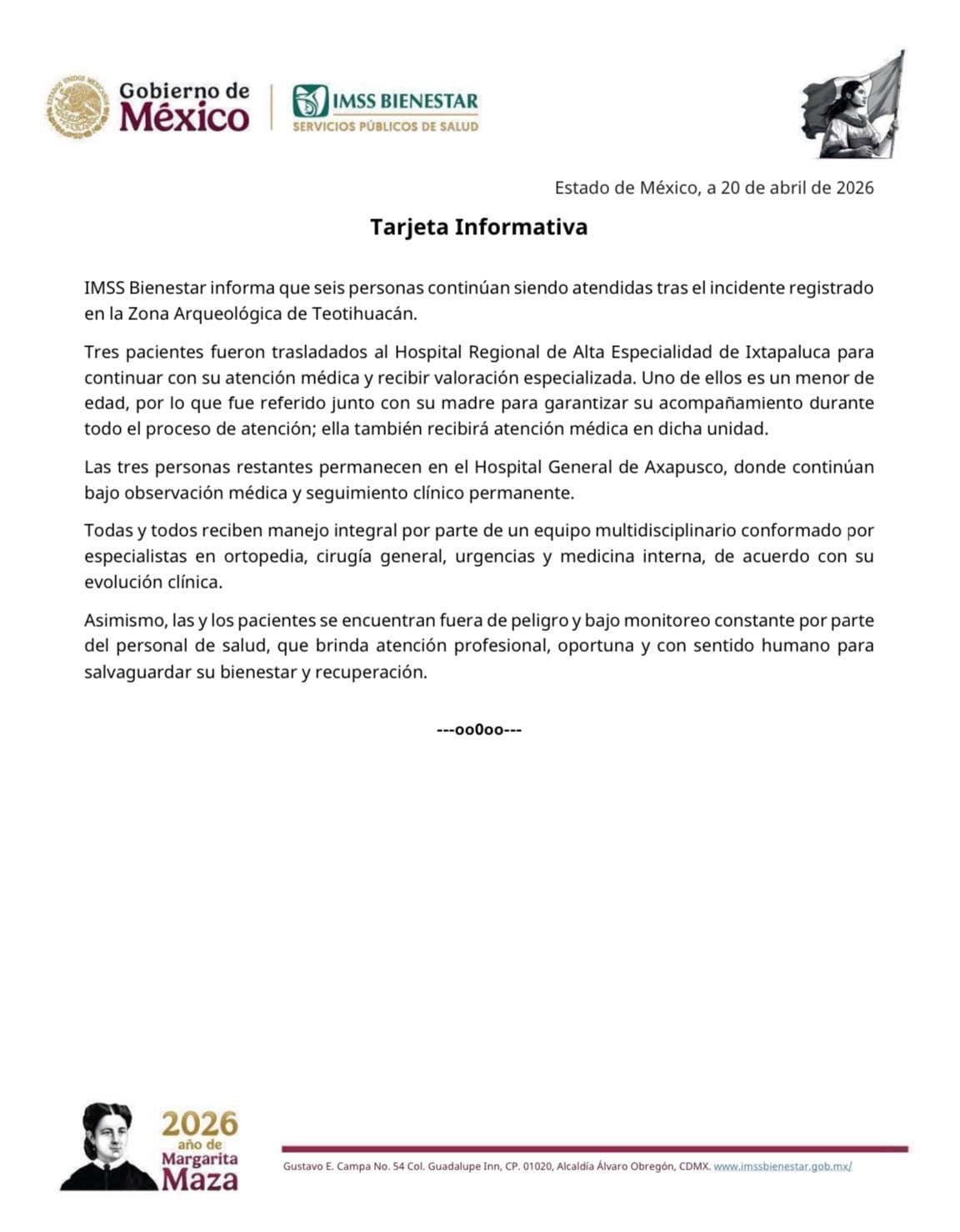 IMSS-Bienestar traslada a tres heridos de Teotihuacán al Hospital de Ixtapaluca