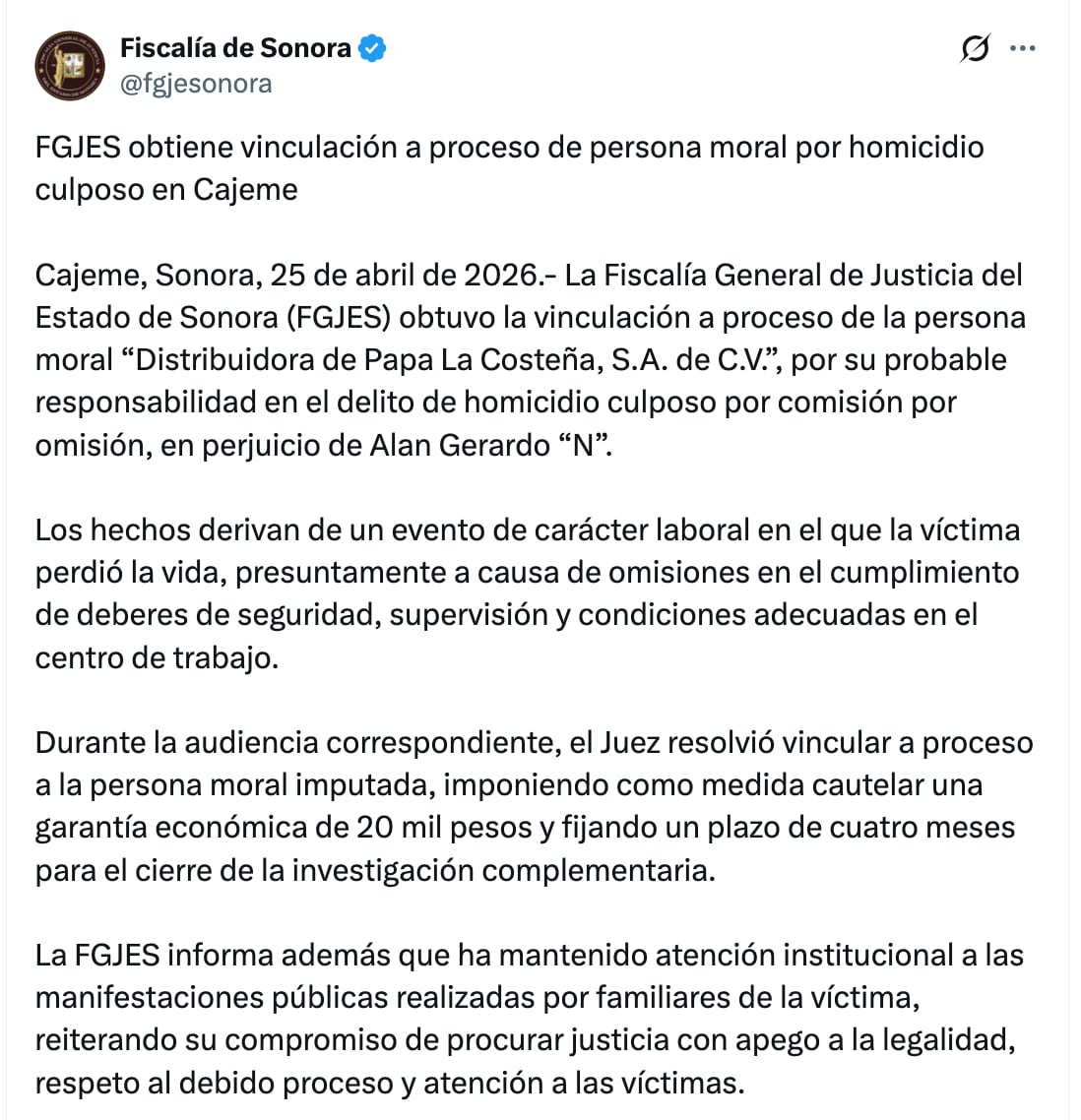Comunicado de la Fiscalía de Sonora tras la muerte de un  trabajador en la Distribuidora de papa La Costeña