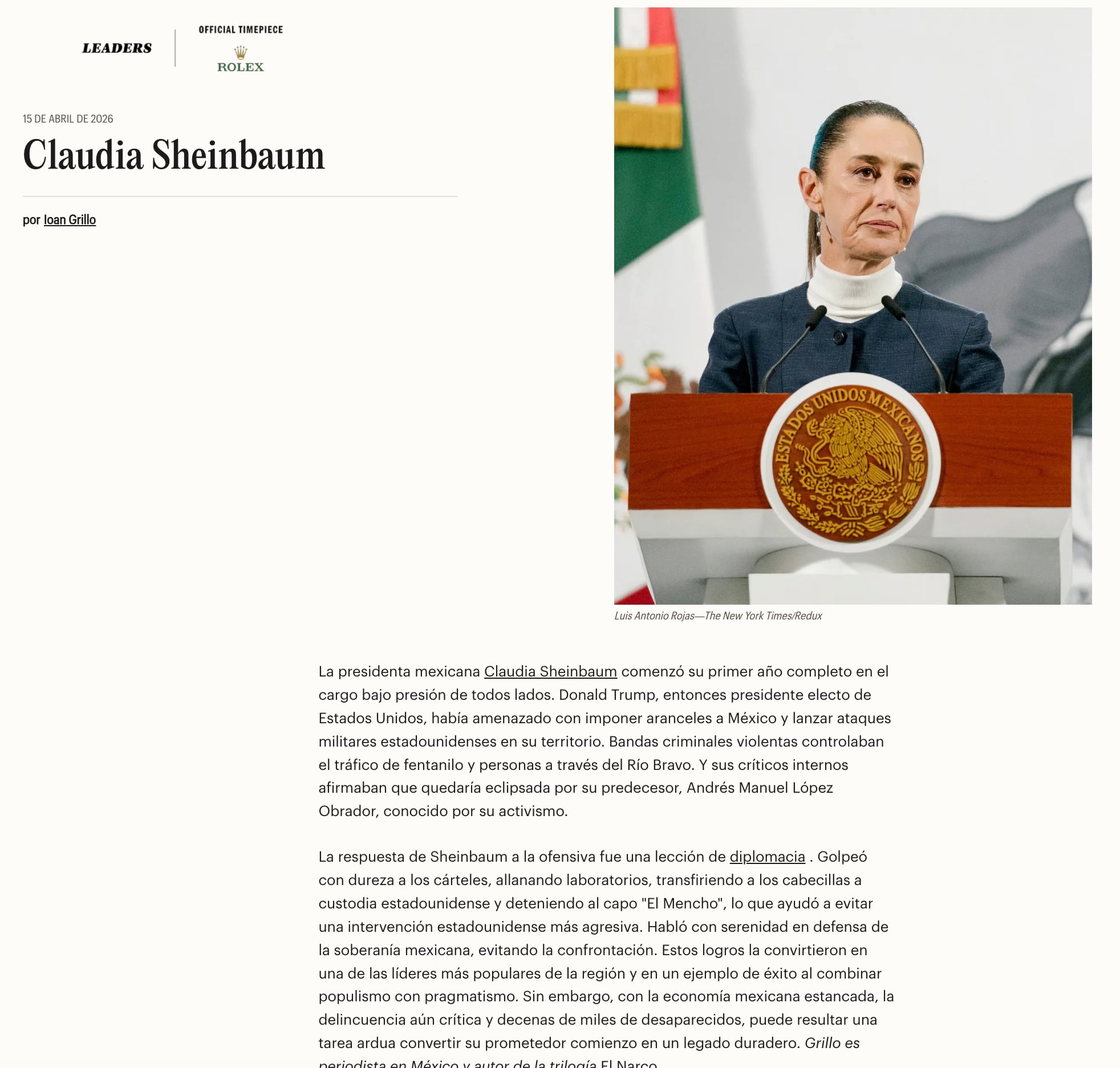 yd2enfgurjd5bjo3q3m2fy7bdm Claudia Sheinbaum es incluida en la lista de la revista TIME100 2026, con un texto de Ioan Grillo