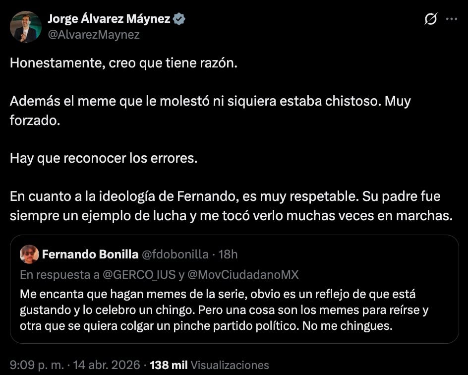 Máynez da la razón a Fernando Bonilla