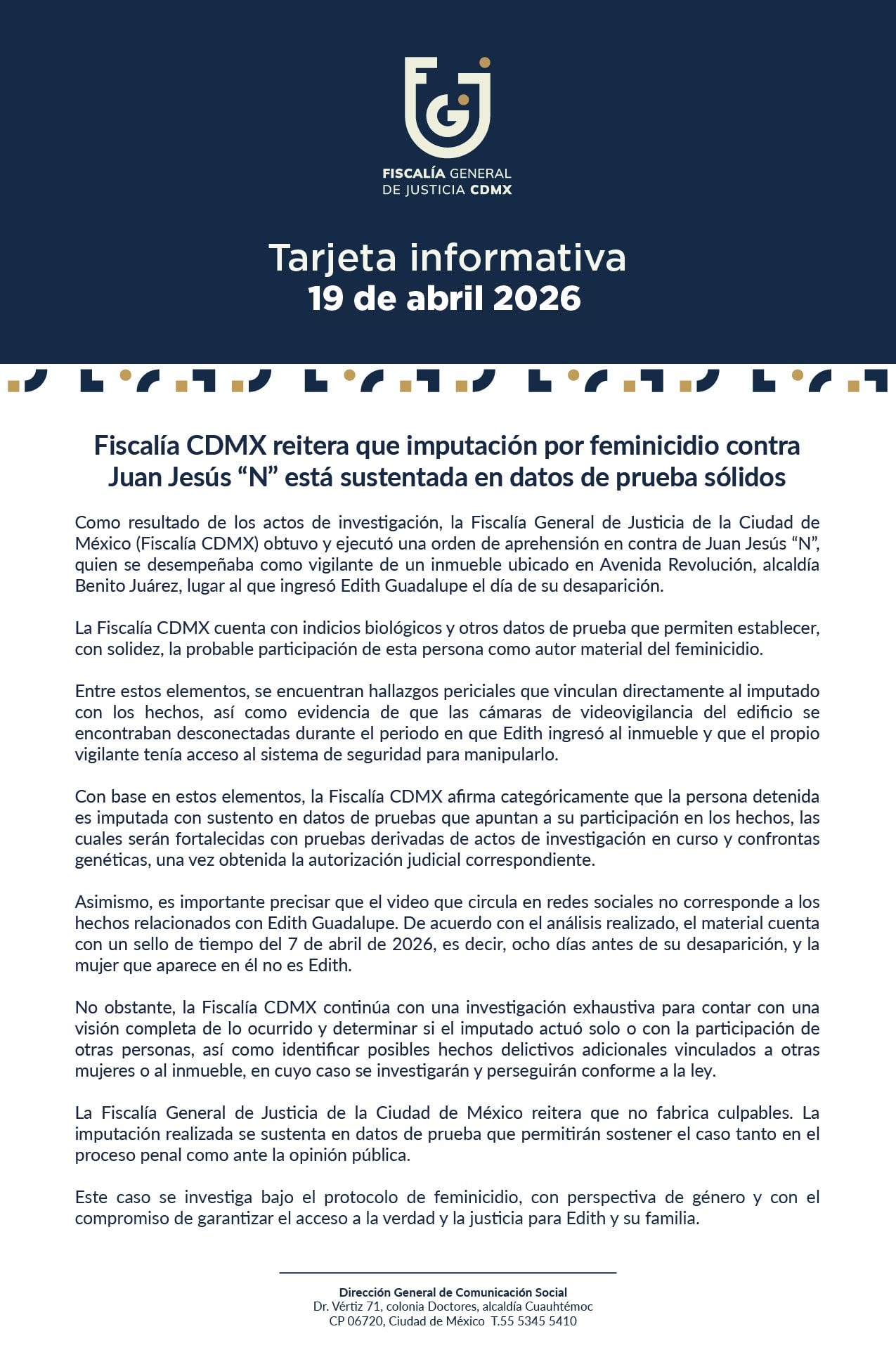 Tarjeta informativa sobre Juan Jesús en caso Edith Guadalupe