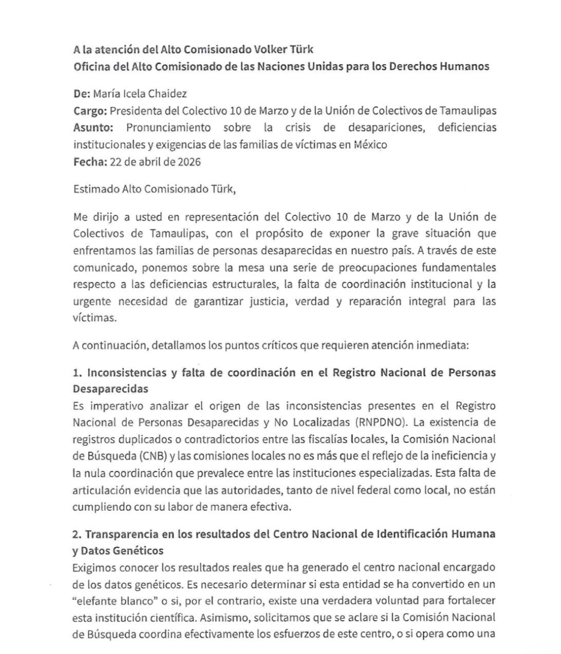 Colectivo hace llamado a Volker Türk