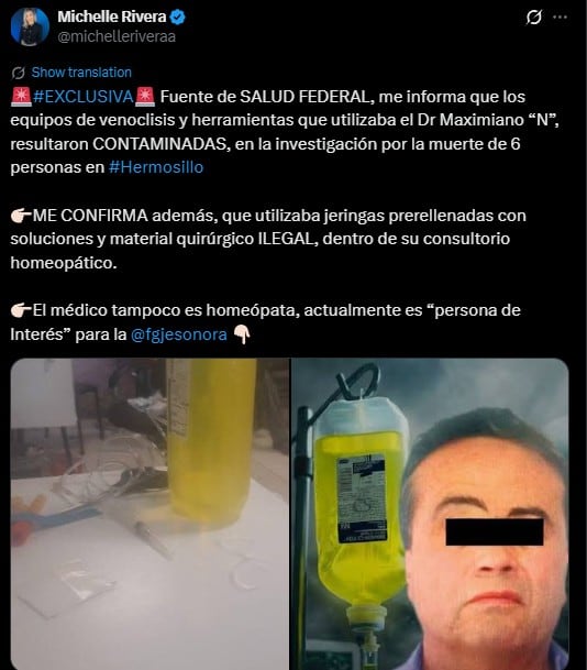Equipos contaminados implicarían a médico en 6 muertes por suero vitaminado