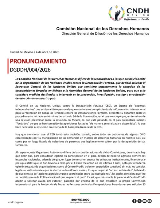 CNDH responde a la ONU: “desaparición forzada ya no es política de Estado”