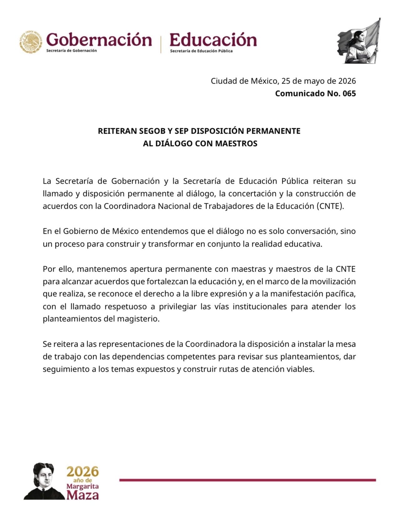 Comunicado de Segob sobre protestas de la CNTE en la CDMX.