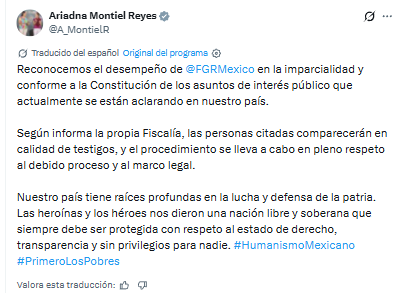 Ariadna Montiel respalda a la FGR
