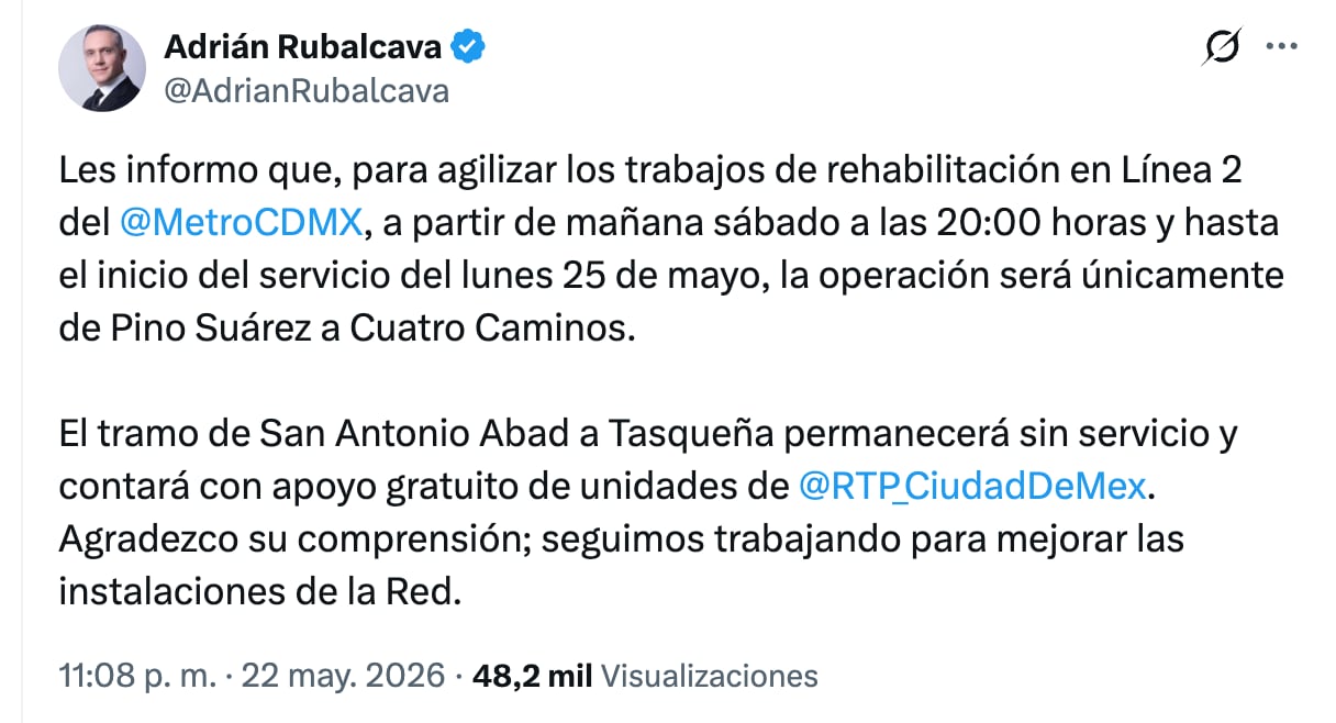 Cierre de estaciones en la Línea 2 del Metro CDMX