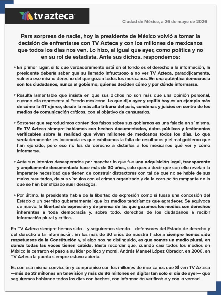 bppj2agi4zfrhkvmna7fsj66ya TV Azteca vuelve a responder a Sheinbaum