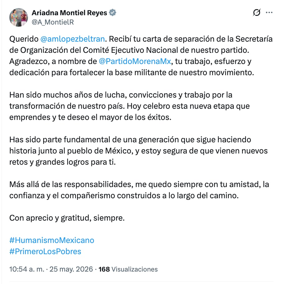 Ariadna Montiel confirma salida de López Beltrán de Morena
