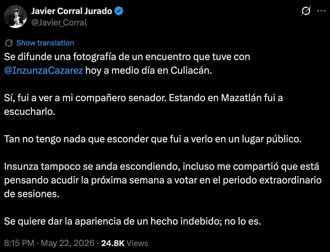 Javier Corral confirma reunión con Inzunza y niega que esté escondido