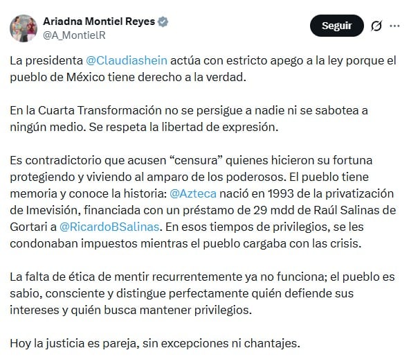 k3uswtk45rfnfggrvtnoqkergu Ariadna Montiel responde a Salinas Pliego tras acusar censura contra TV Azteca
