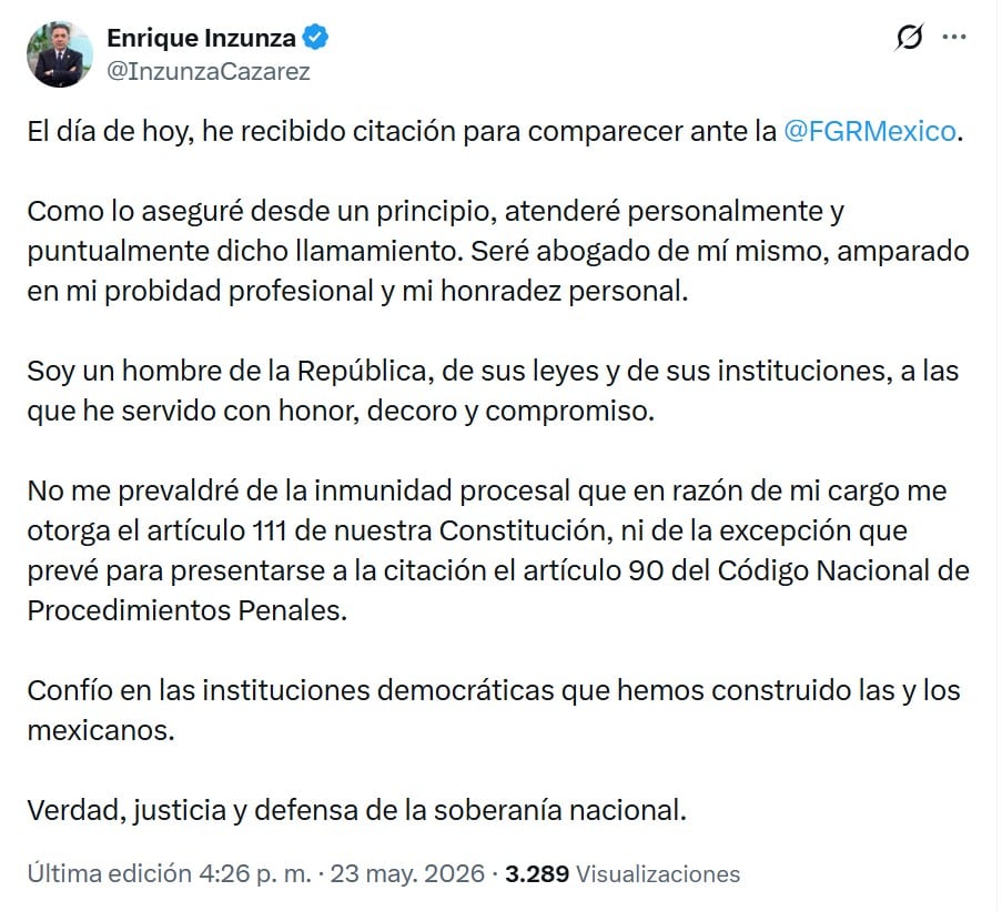 Enrique Inzunza confirma citatorio de la FGR