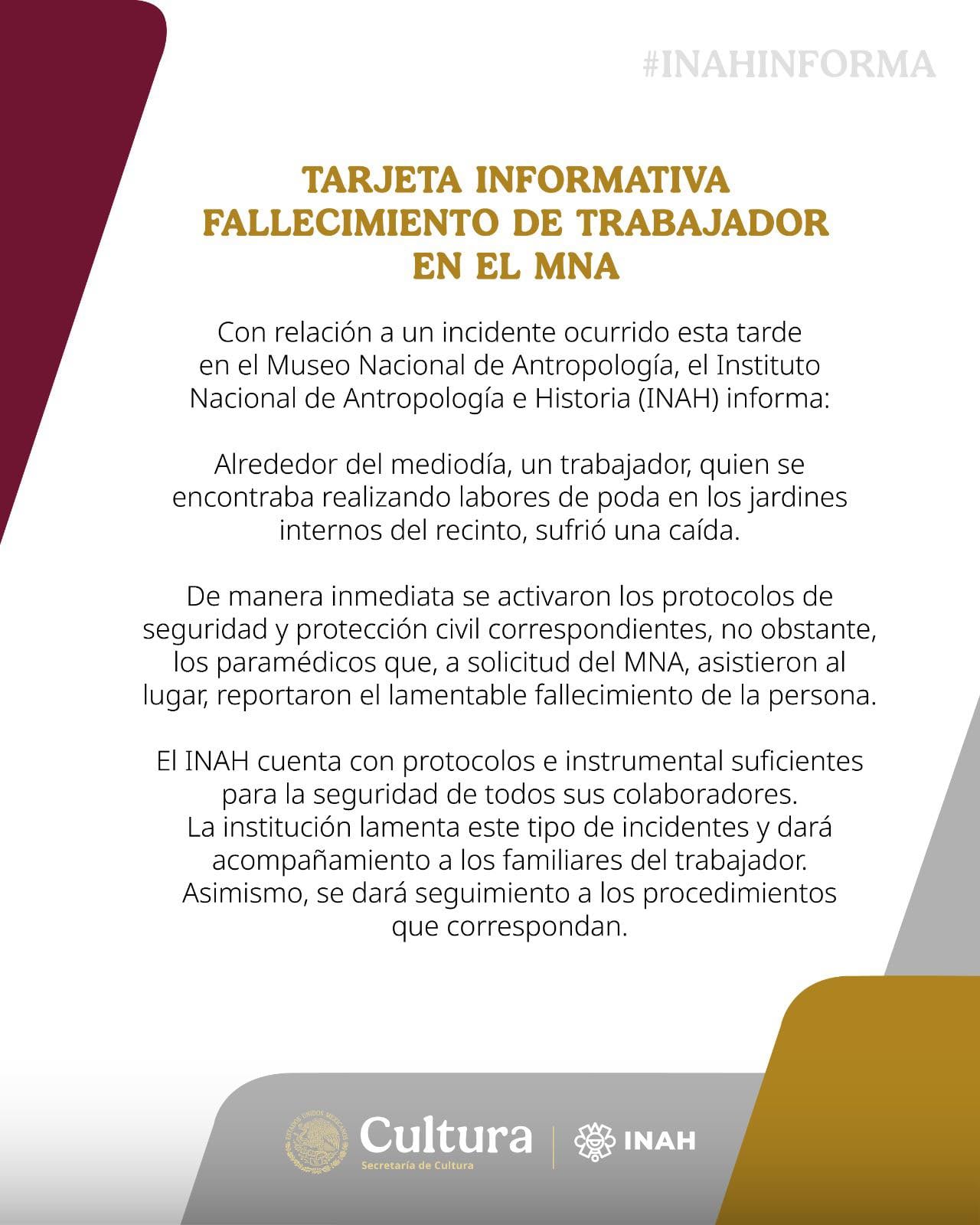 pbuzmalitrebjhfrwtw27fxirm INAH comunicado muerte de trabajador Museo Nacional de Antropología