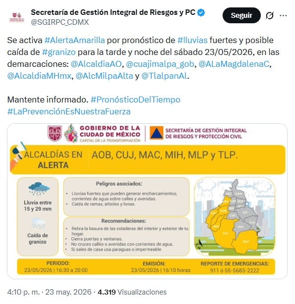 Se prevén lluvias y granizo en CDMX este sábado 23 de mayo