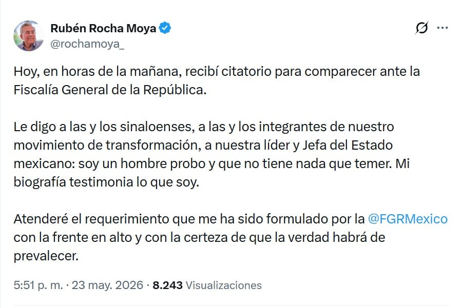 Rubén Rocha afirma que atenderá citatorio de la FGR