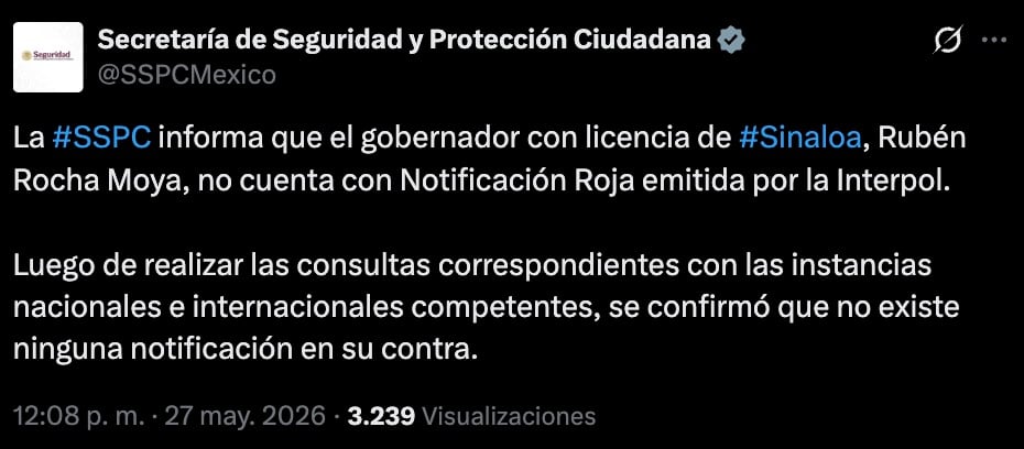 No hay ficha roja de Interpol contra Rocha Moya
