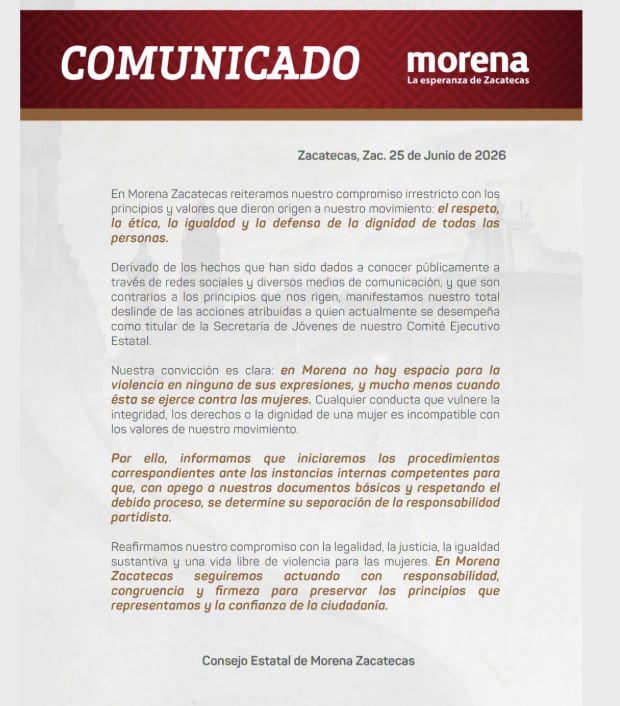 Morenista será destituido tras agredir a una mujer en Zacatecas
