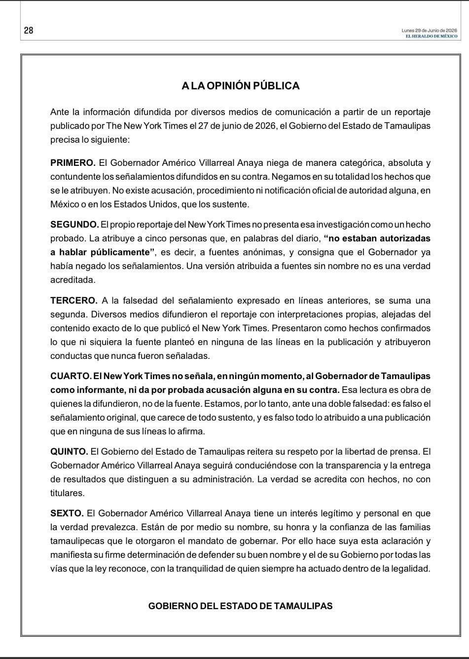 Gobierno de Tamaulipas respalda a Américo Villarreal y arremete contra The New York Times