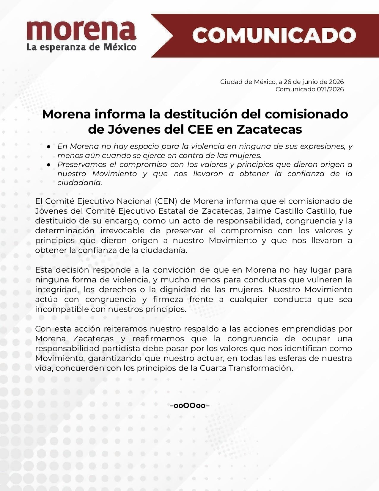 Morena refrenda compromiso contra violencia de género tras destitución de Jaime Castillo en Zacatecas