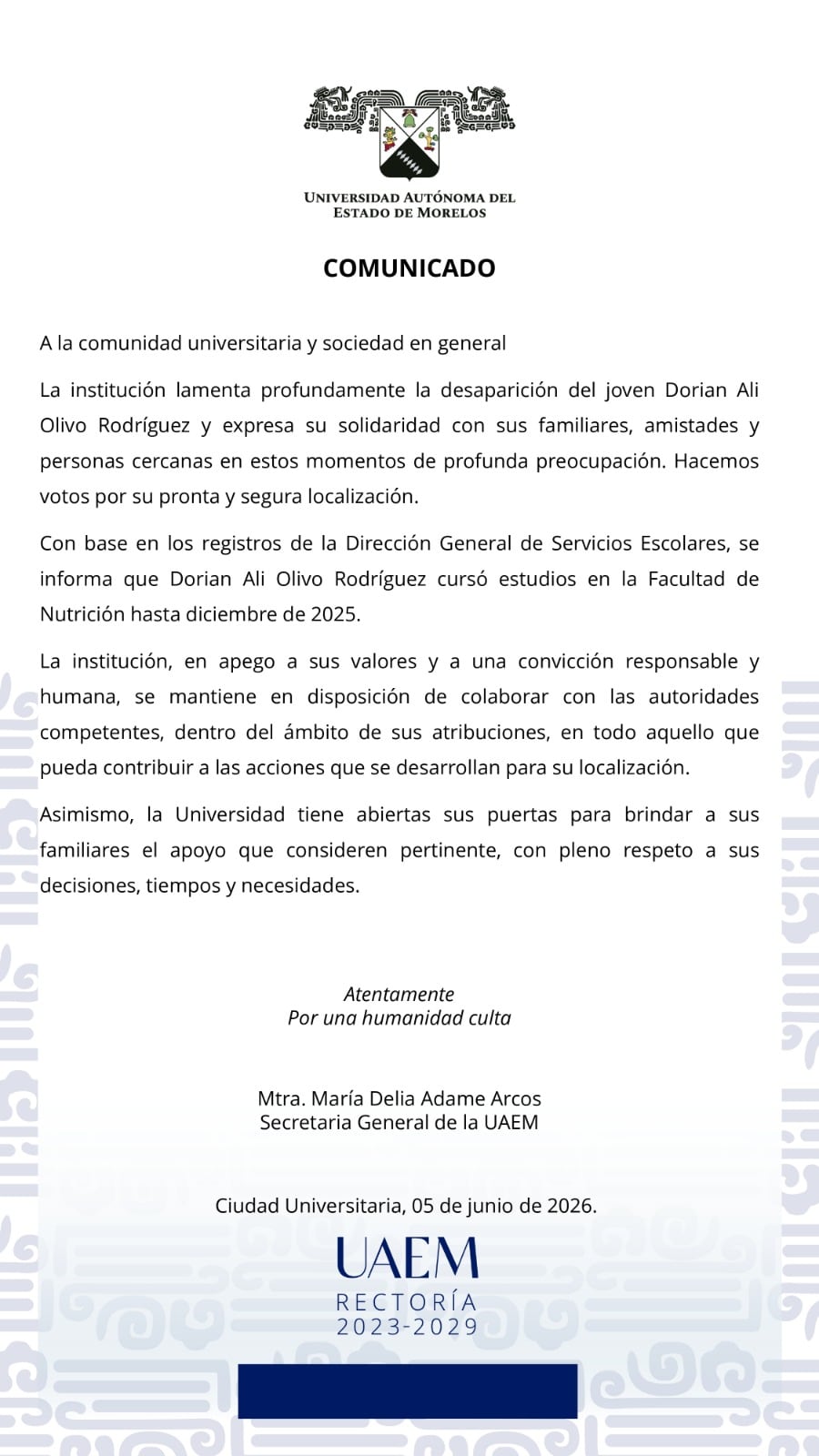 47wt532bbbchzo4pj3ykwgayea UAEM se suma a la búsqueda de Dorian Ali Olivo Rodríguez, alumno desaparecido