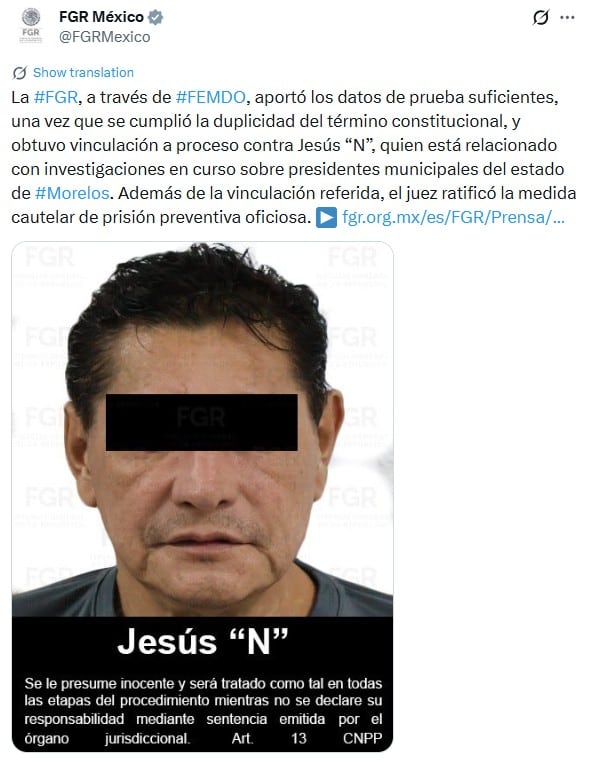 Vinculan a proceso a alcalde de Cuautla por delincuencia organizada