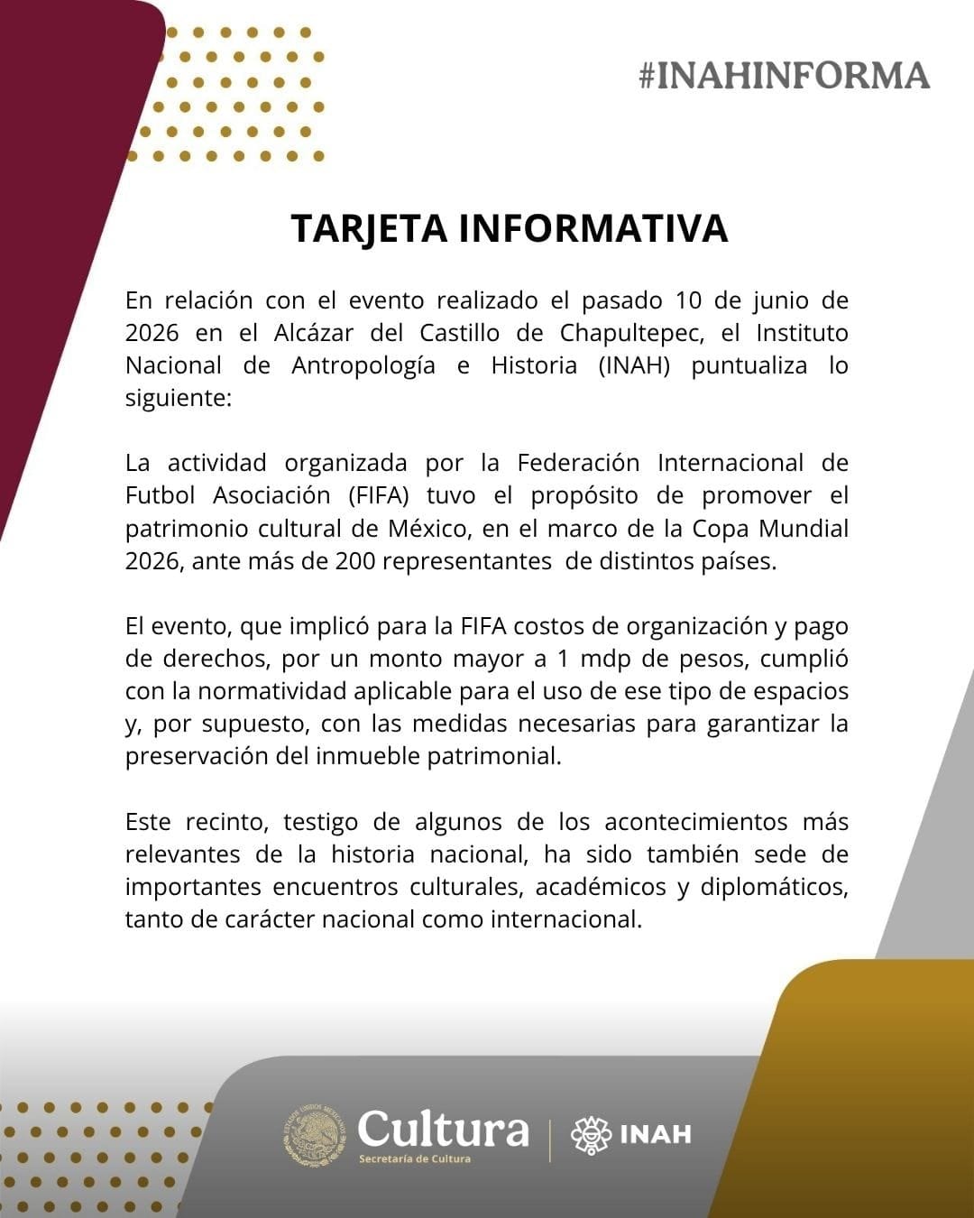 Fiesta de la FIFA en el Castillo de Chapultepec cumplió normas, aclara el INAH