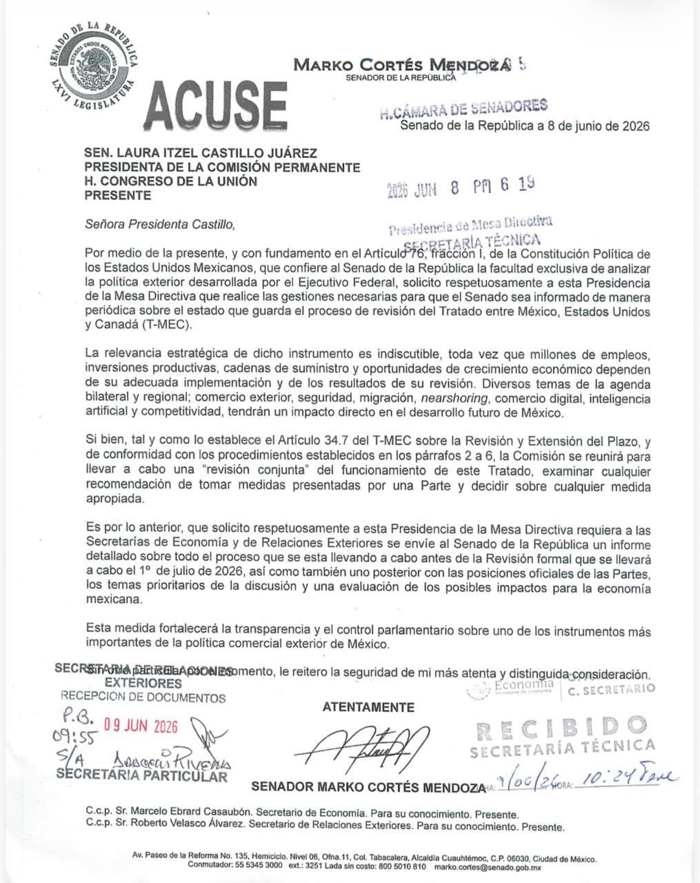 PAN exigirá informes periódicos sobre revisión del T-MEC a Senado, Economía y SRE
