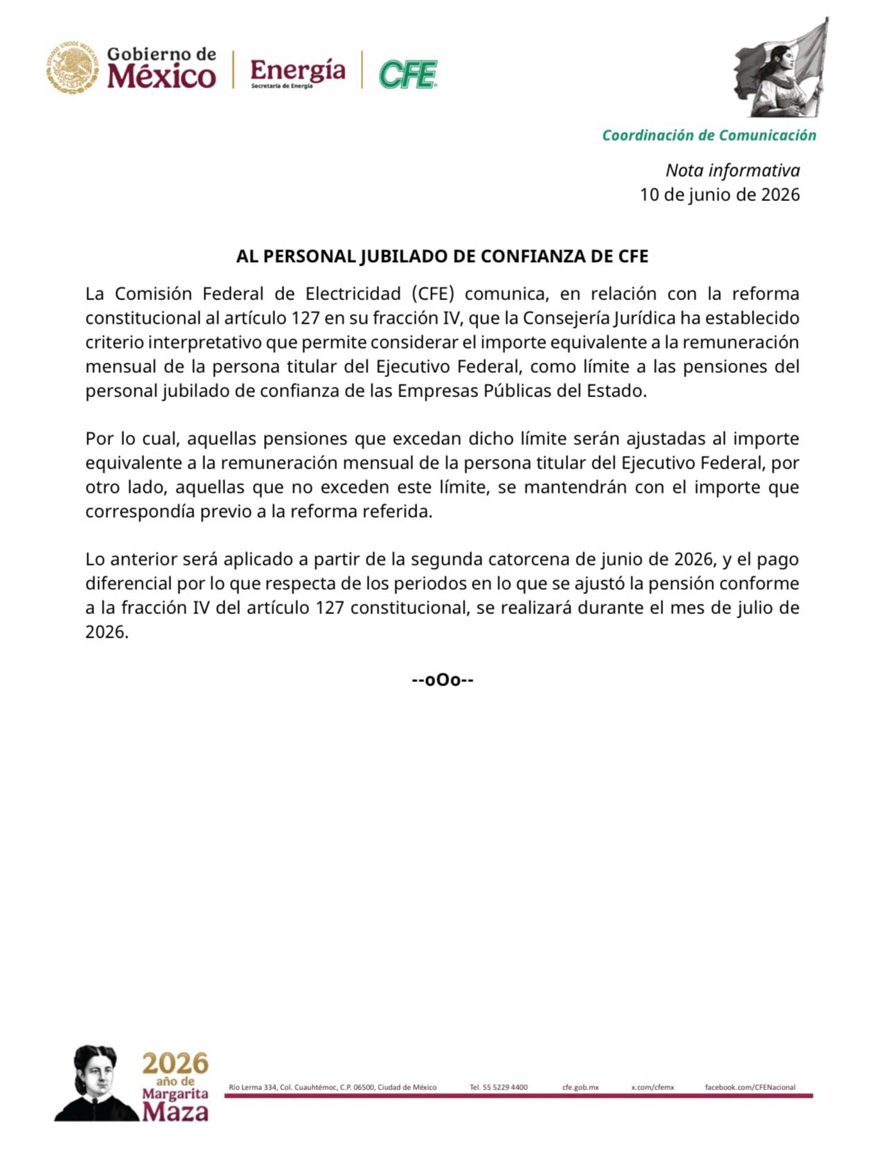 CFE aplicará ajuste a pensiones de jubilados de confianza desde la segunda quincena de junio de 2026