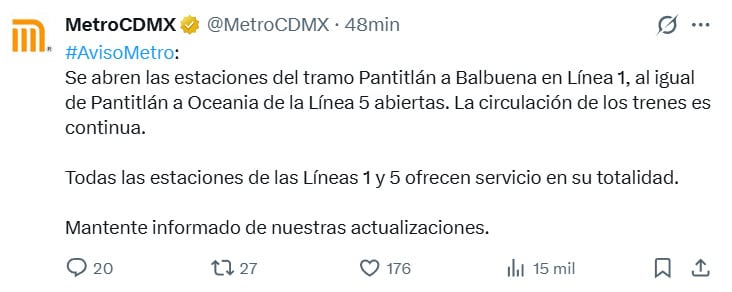 cxrmgspttrfmhanpbgjtbgtcri Reanudan servicio en Línea 1 y 5 del Metro