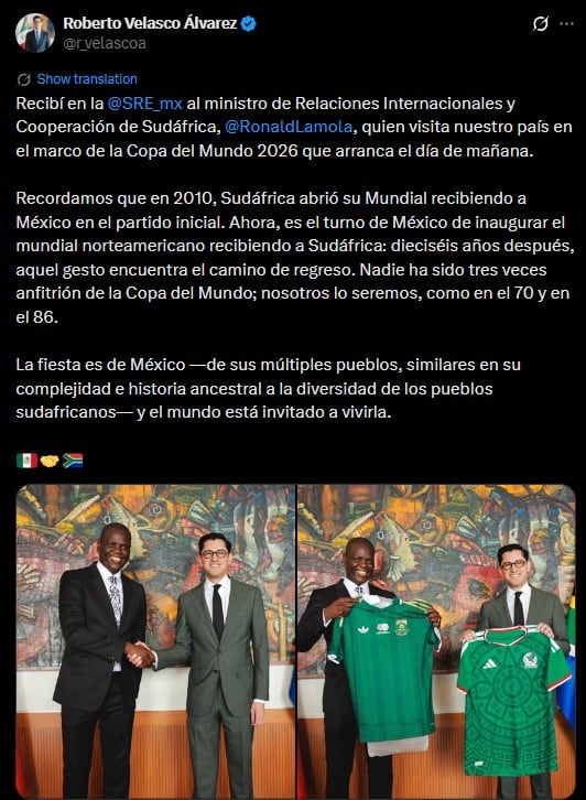 dhuweczwpnearnmyuqyelnkd74 Roberto Velasco recibe a representante de Sudáfrica previo a la inauguración del Mundial 2026