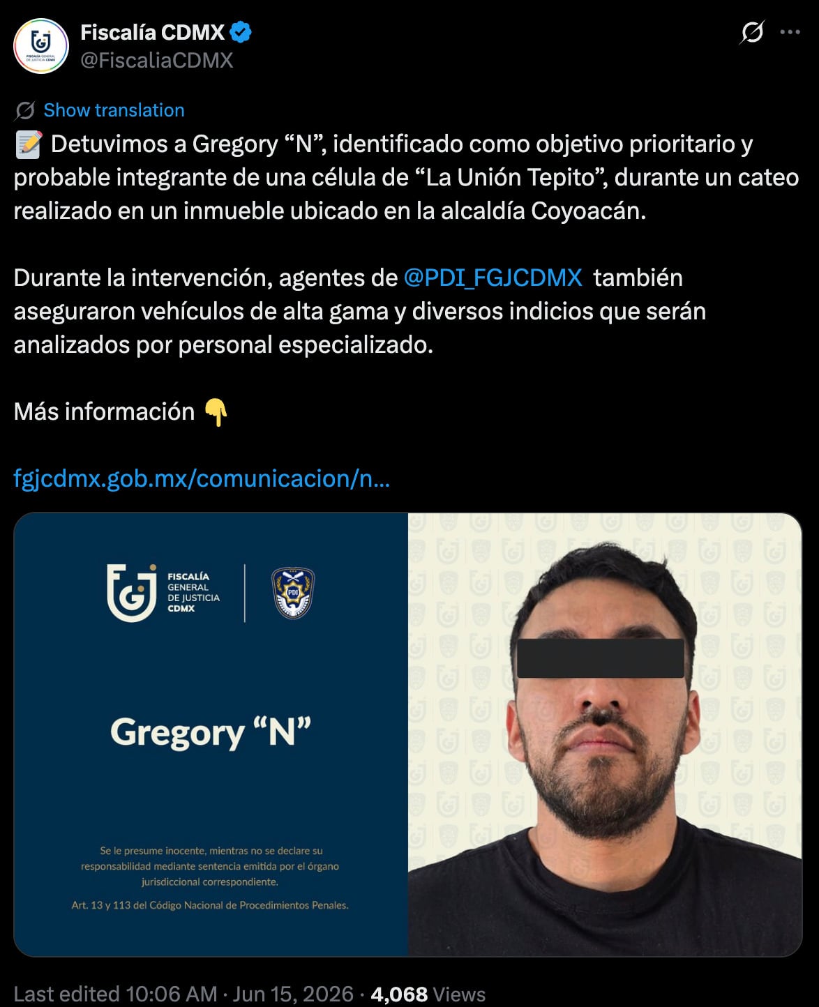 Capturan a “El Gregory”, objetivo prioritario ligado a La Unión Tepito