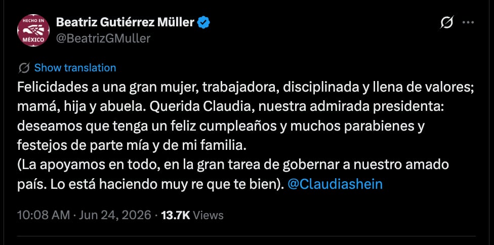 La felicitación de Beatriz Gutiérrez a Claudia Sheinbaum por su cumpleaños